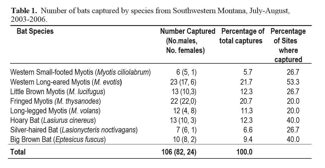 Table 1 Number of bats captured by species from Southwestern Montana, July-August, 2003-2006.