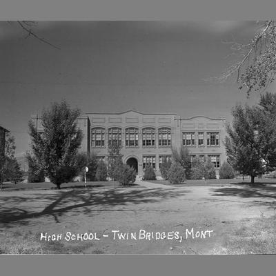Black and white photo of the High School in Twin Bridges, Montana, 1950