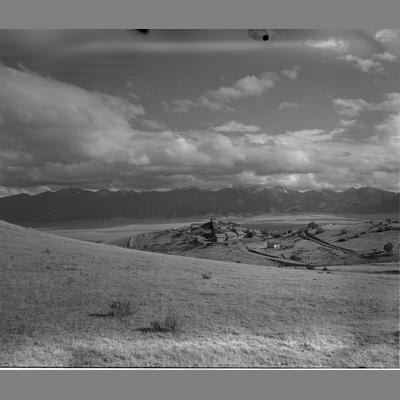 Black and white photo overlooking the Landscape of the Broadway Mine, Madison County, Montana, 1955