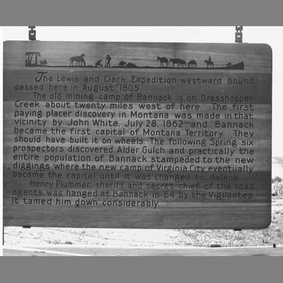 Wooden Highway Sign Telling about Bannack and Virginia City during the Gold Rush, Beaverhead County, 1954