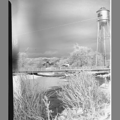 Beaverhead Bridge with ice on trees in Twin Bridges, Montana, 1955.
