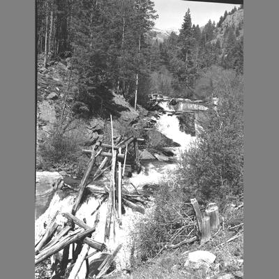 Dam on Mill Creek for old power plant, Madison County, Montana, 1957.