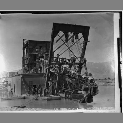 Ruby Dredge, showing the buckets and pulleys, Madison County, Montana, 1907