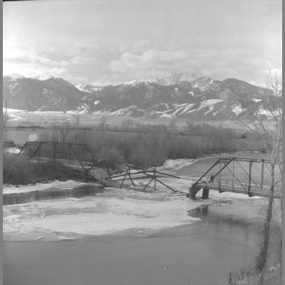 Collapsed Parson's Bridge in Waterloo, Montana Due to High Floodwaters, June 1960