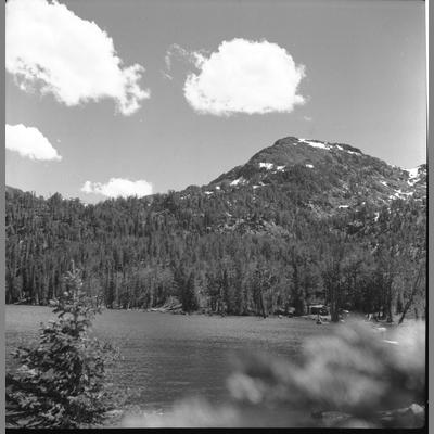 View of Brannan Lakes, Mill Creek with trees along shoreline, July, 1960.