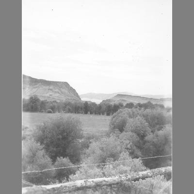 View of grassy meadow seen beyond a fence line in the foreground.