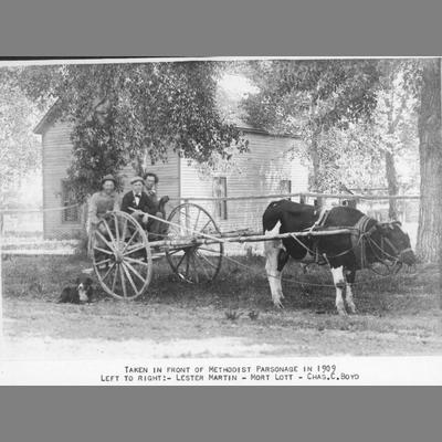 Three Men in Two Wheel Cart Being Pulled by an Ox in Front of the Methodist Parsonage 1909