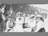 Group Photo During Picnic Outing with Pine Covered Mountainside in Background circa 1920