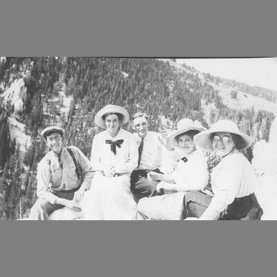 Group Photo During Picnic Outing with Pine Covered Mountainside in Background circa 1920