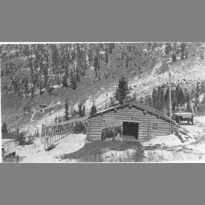 Log Barn Built into Snow Patched Slope with Horse Standing in Front