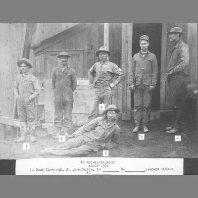 Six Miners in Working Garb Pose in Rochester, Montana circa 1900s