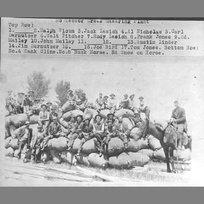 McHessor Creek Shearing Plant Members Sitting on Large Stacks of Wool Bales