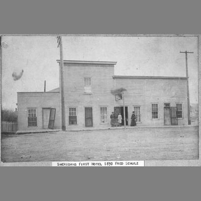 A Woman, Two Girls, and Dog Pose Outside of Sheridan Hotel 1890