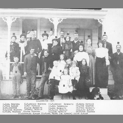 Silverstar residents on front porch of white frame home, 1904.