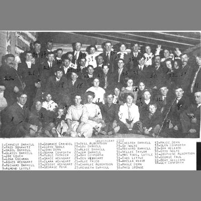 Group portrait of Silverstar residents inside log structure, 1908.