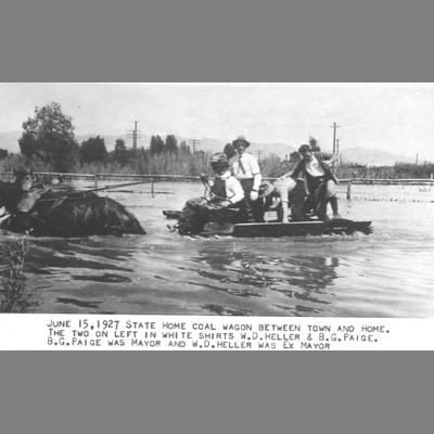 Horse-drawn State Home coal wagon wading through the flood waters, June, 1927.