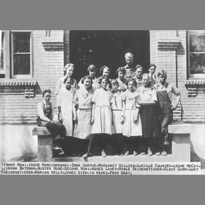 Identified Individuals Stand in Front of Twin Bridges School circa 1920s