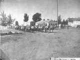 Several Covered horse-drawn Wagons on Dirt Road Passing in Twin Bridges, Montana, 1879