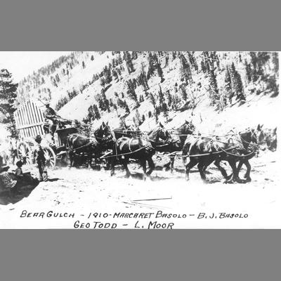 Basolo's at Bear Gulch 1910 - horse-drawn freight wagon on mountain road.