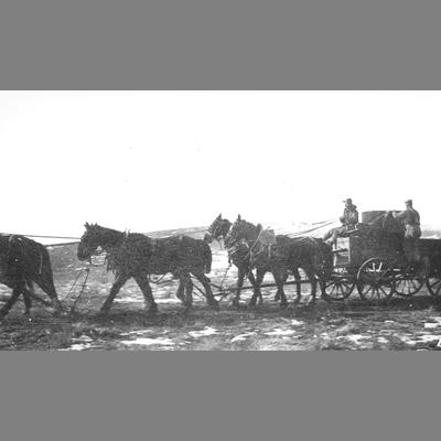 Side View of Six Horse Hitch Pulling Freight Wagon
