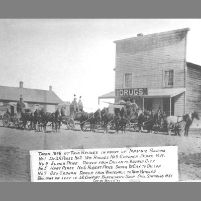 Three Stagecoaches In Front of Wood Frame Commercial Structure with False Front - Twin Bridges 1898