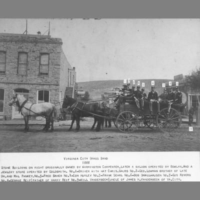 Virginia City Brass Band Riding in Back of horse-drawn Freight Wagon, 1888