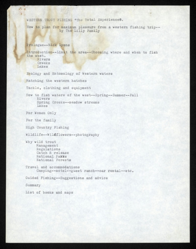 <i>Bud Lilly's Guide to Western Fly Fishing</i> (New York: Nick Lyon Books, 1987) - Outline