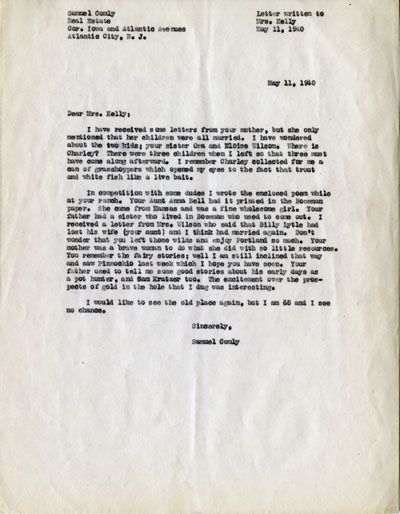 A letter written to Mrs. Kelly from Samuel Comly