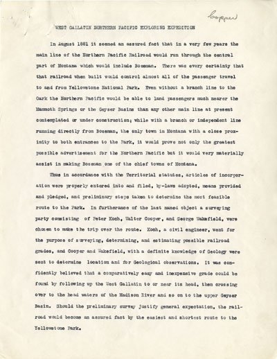 West Gallatin Northern Pacific Exploring Expedition Reminiscence by Walter Cooper