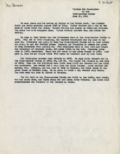 Visited Bob Cunningham at the Nine-quarter Circle June 15, 1941