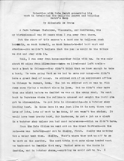 Interview with Pete Karst concerning his work in developing the Gallatin Canyon by Elizabeth De Frate