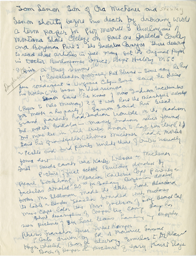 Tom Lemon son of Ora Michener and Stanley Lemon Handwritten notes