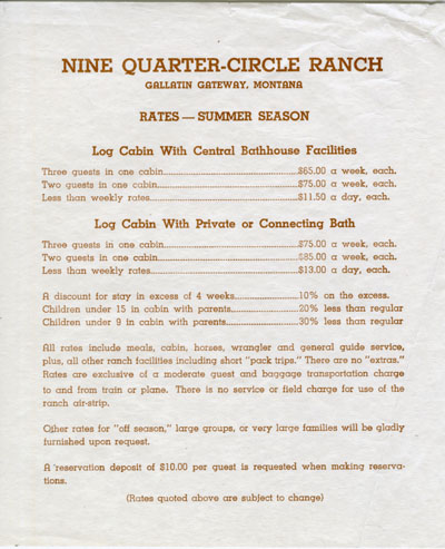 Nine Quarter-Circle Ranch Rates Summer Season Pamphlet