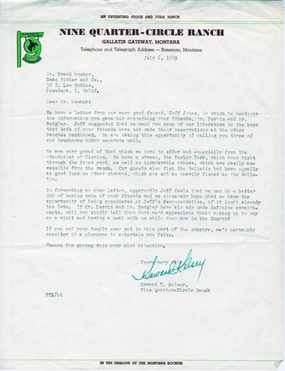 Nine Quarter-Circle Ranch Gallatin Gateway, Montana Letter to Mr. Mosher