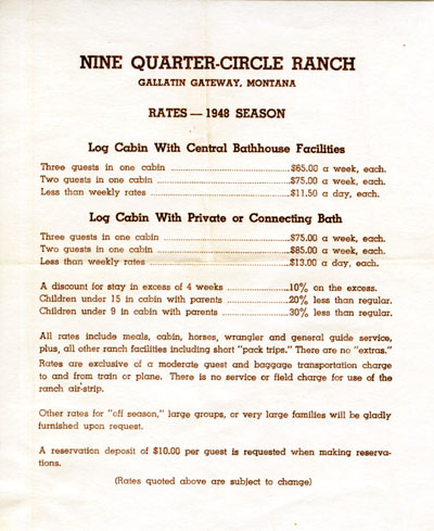Nine Quarter-Circle Ranch Rates 1948 Season Pamphlet