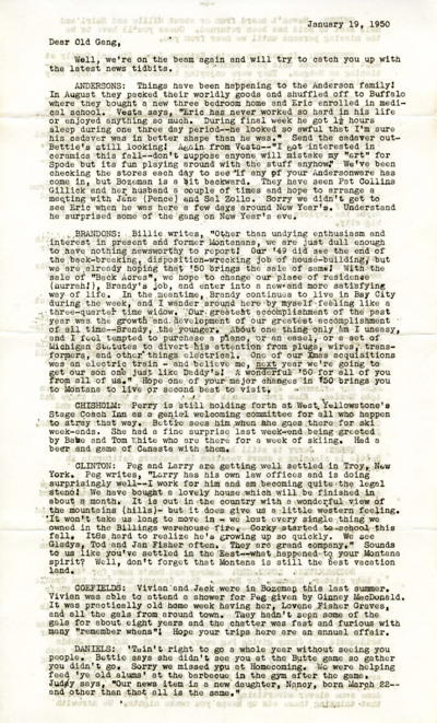 Montana State College--Bozeman, Class of 1940 newsletters, 1950-1958.