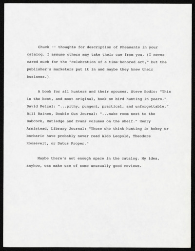 <i>Pheasants of the Mind</i> - contracts, misc.