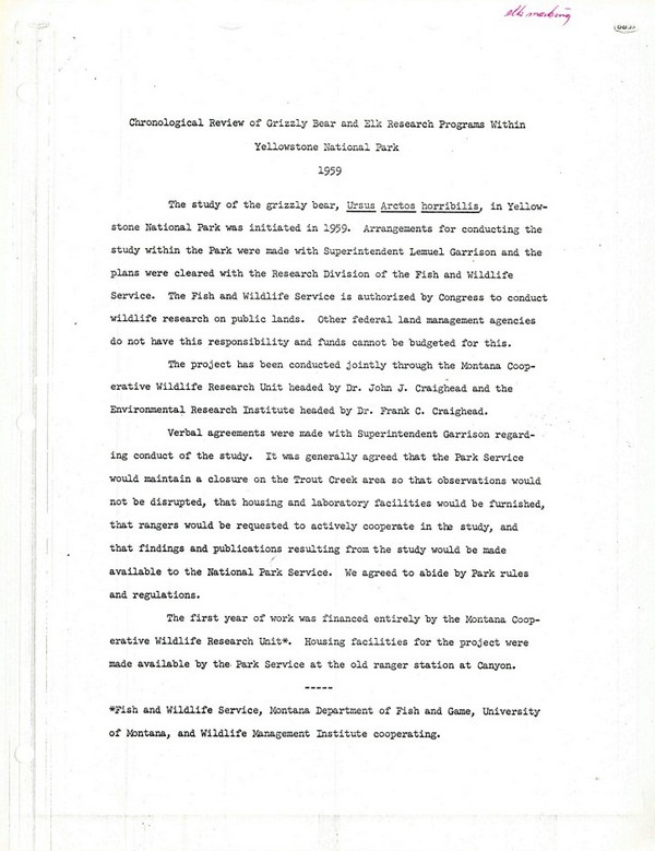 Chronological Review of Grizzly and Elk Research