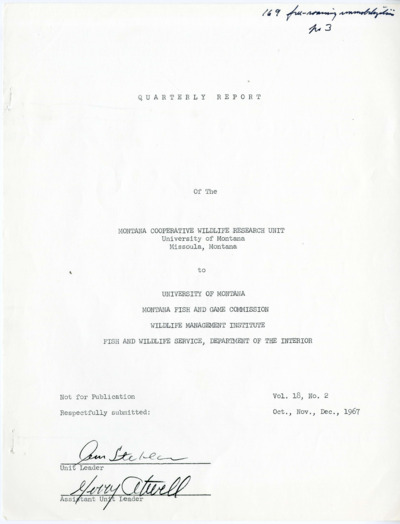 Quarterly Report Montana Cooperative Wildlife Research Unit