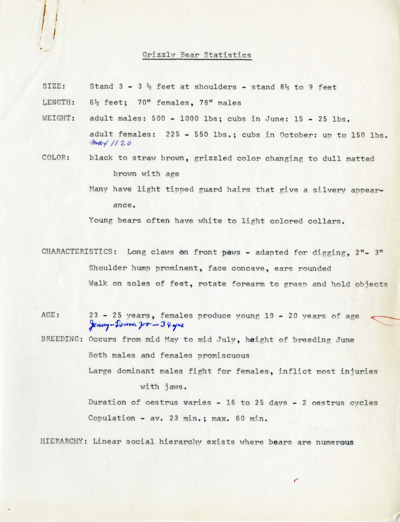 Grizzly Bear Statistics