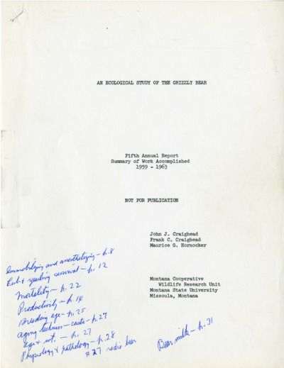 An Ecological Study of the Grizzly Bear 5th Annual Report