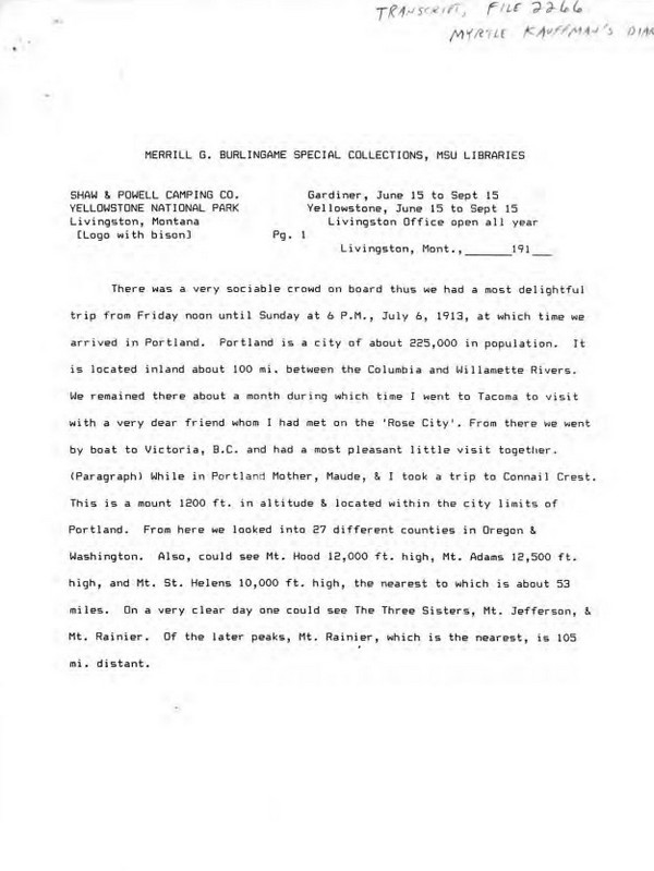 Myrtle Shipe Yellowstone Park diary