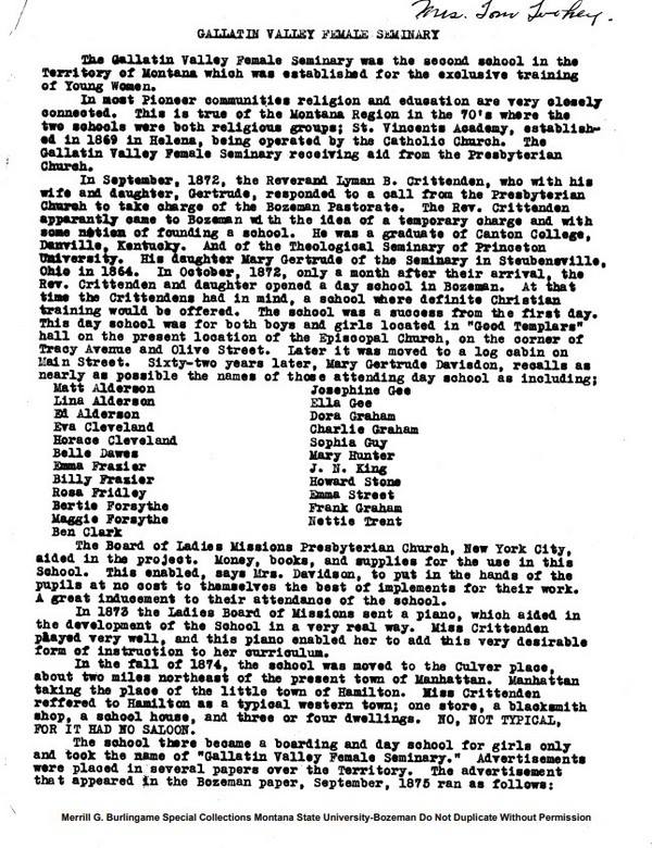 Gallatin Valley Female Seminary essay