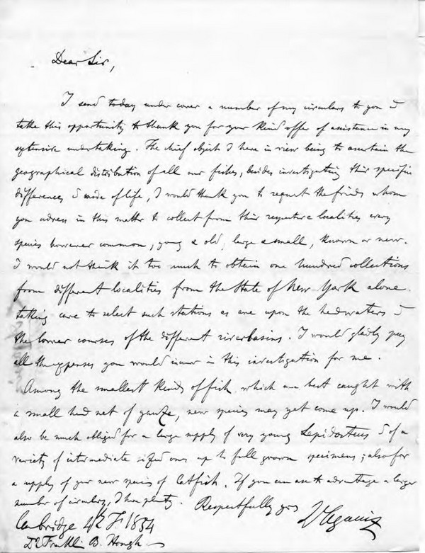 Louis Agassiz letter to John Whipple Potter Jenks