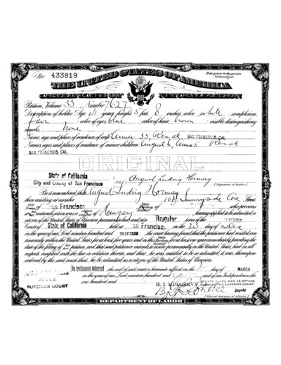 Certificate of Naturalization, August Ludwig Hormay (Elder)