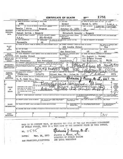 Death Certificate, Anna Darida Hormay