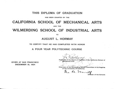 Diploma of Graduation from the California School of Mechanical Arts and the Wilmerding School of Industrial Arts