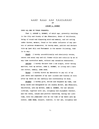 Last Will and Testament, August L. \"Gus\" Hormay