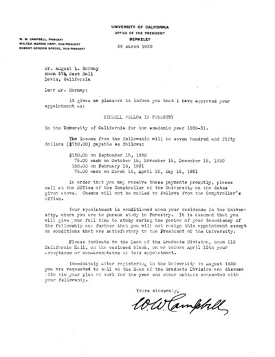 Letter of Appointment to Bidwell Fellow in Forestry