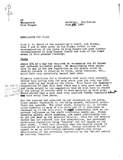 Memorandum for files on research in Long Canyon, from F.G. Renner, Associate Range Examiner